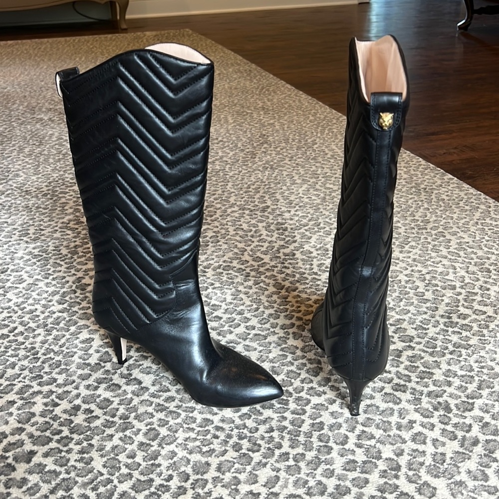 Gucci Matelassé Leather Tall Boots in Black Quilted Logo GG Heart Stitched Heel